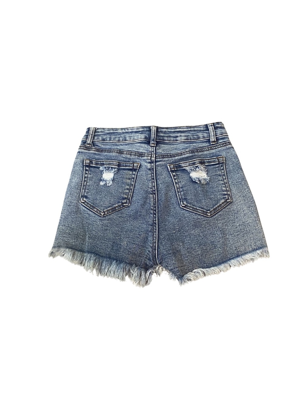 High-Rise Frayed Hem Blue Denim Shorts - Picture 2 of 4